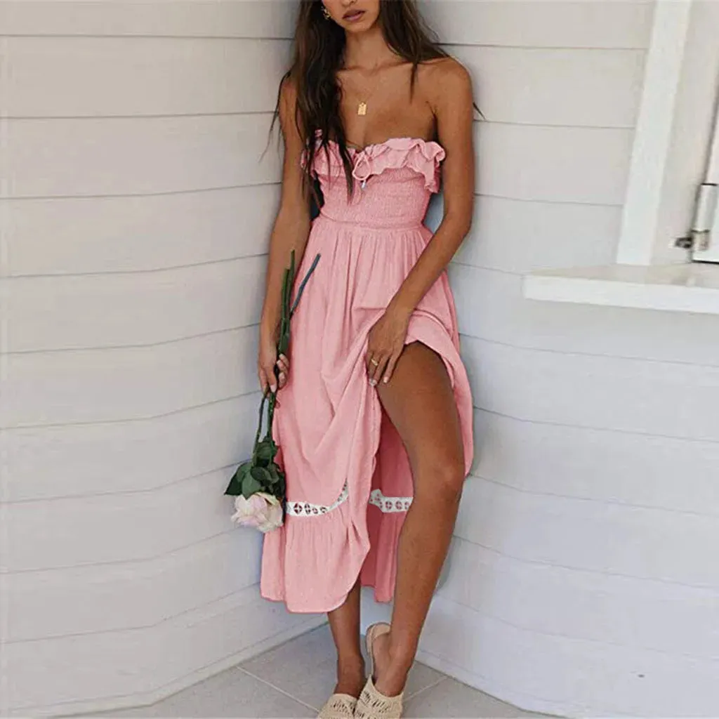 Lace Up Holiday Midi Party Sexy Strapless White Summer Vacation Midi Elegant Dress