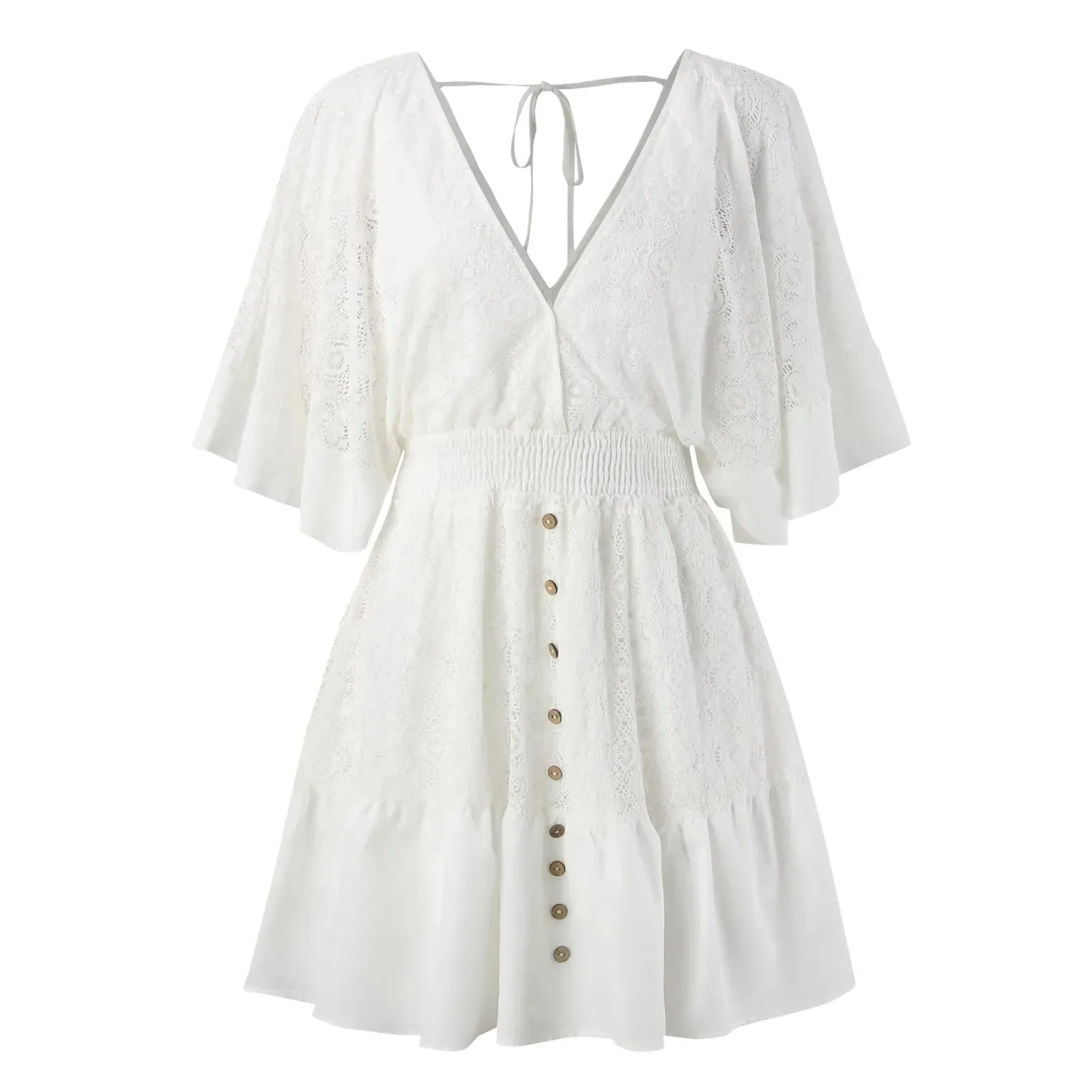 Lace V Neck Batwing Backless Crochet Ruffles White Long Sleeve Mini Elegant Dress