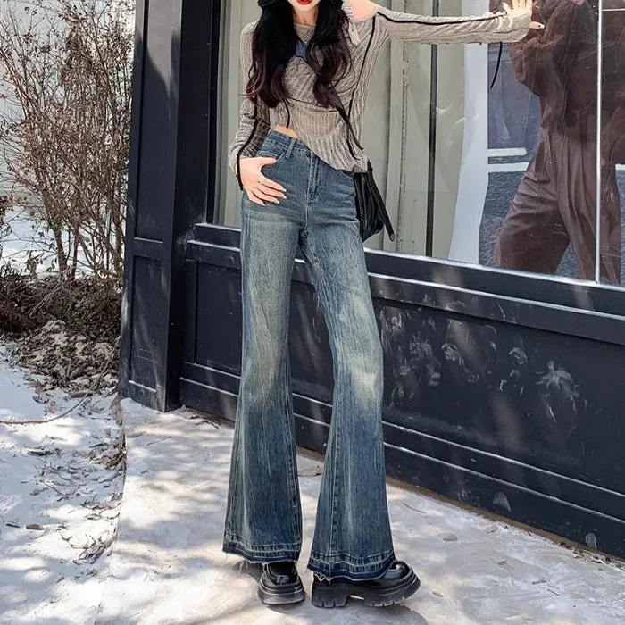 Lanfubeisi going out outfits New Spring and Autumn Versatile Casual Skinny Jeans Women's Frayed Design High Waist Slimming Flared Pants Fashion