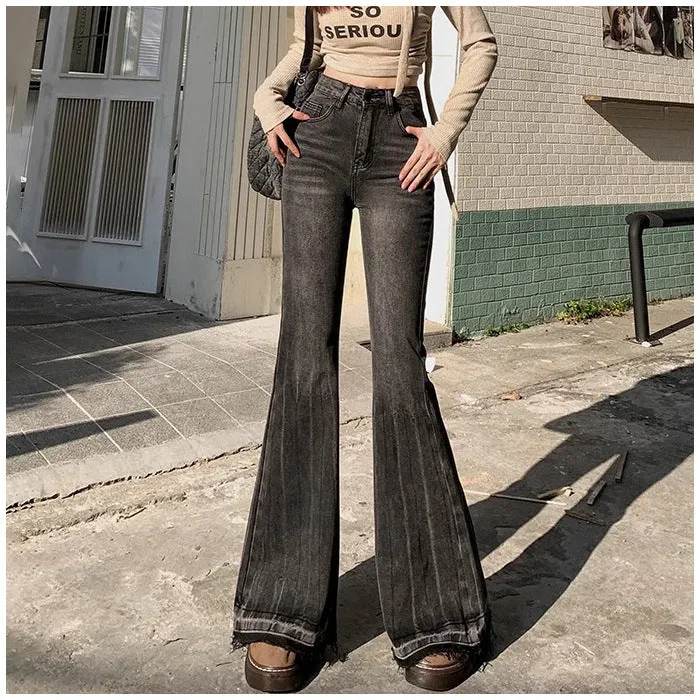 Lanfubeisi going out outfits New Spring and Autumn Versatile Casual Skinny Jeans Women's Frayed Design High Waist Slimming Flared Pants Fashion