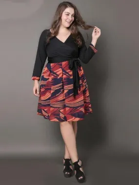 Large size women s new dress printed V-neck pleated pleated skirt