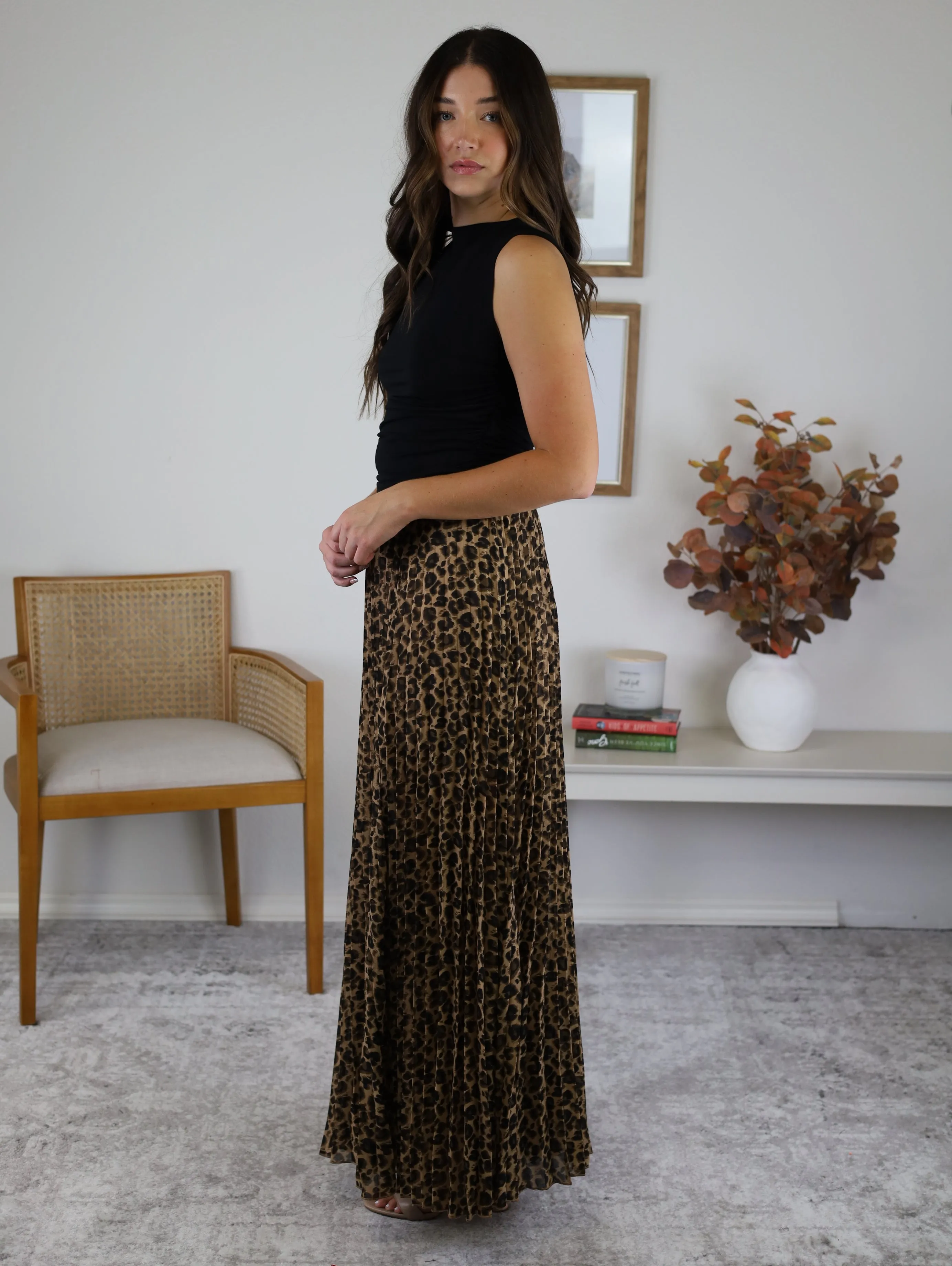 Leopard Animal Print Pleated Midi Skirt