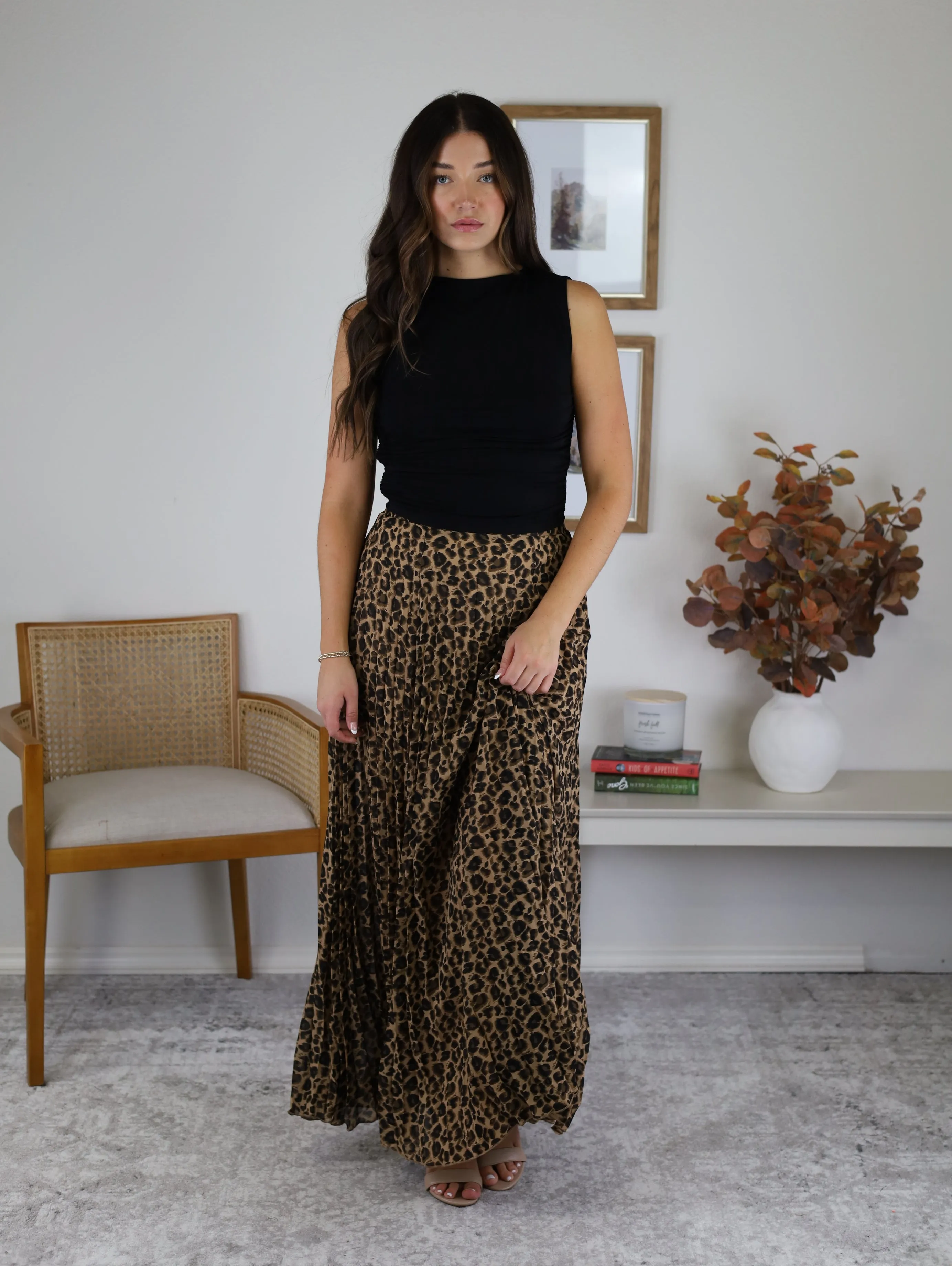 Leopard Animal Print Pleated Midi Skirt