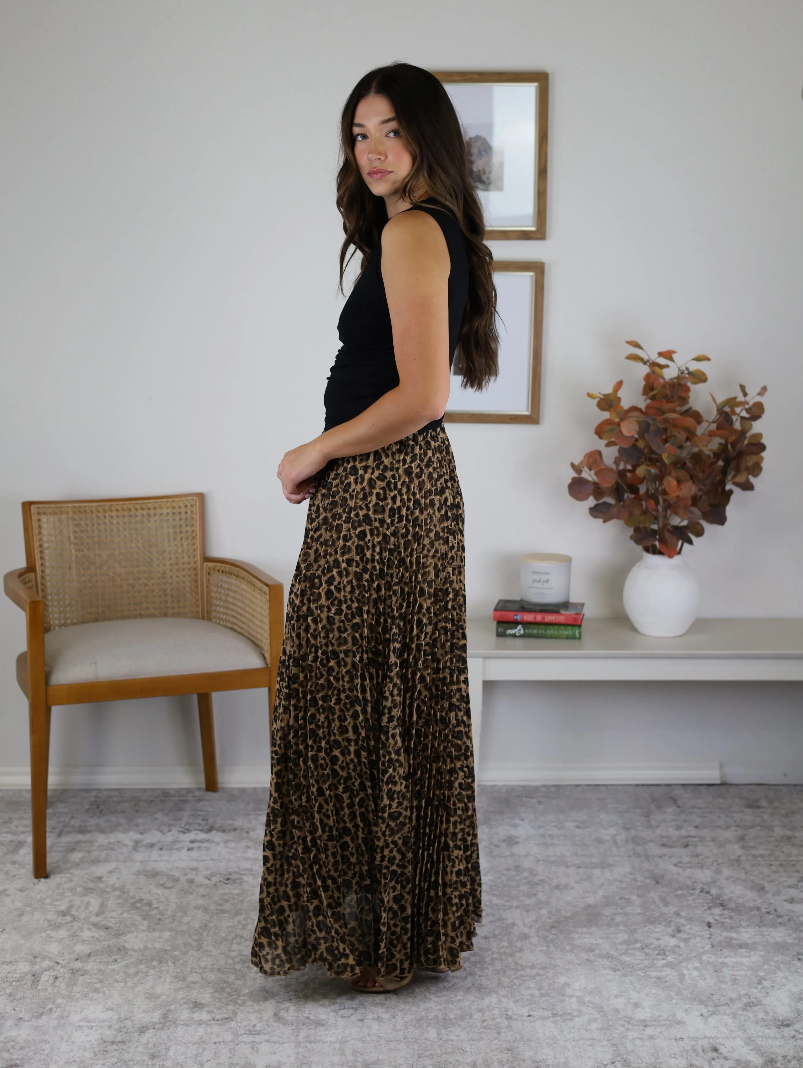 Leopard Animal Print Pleated Midi Skirt