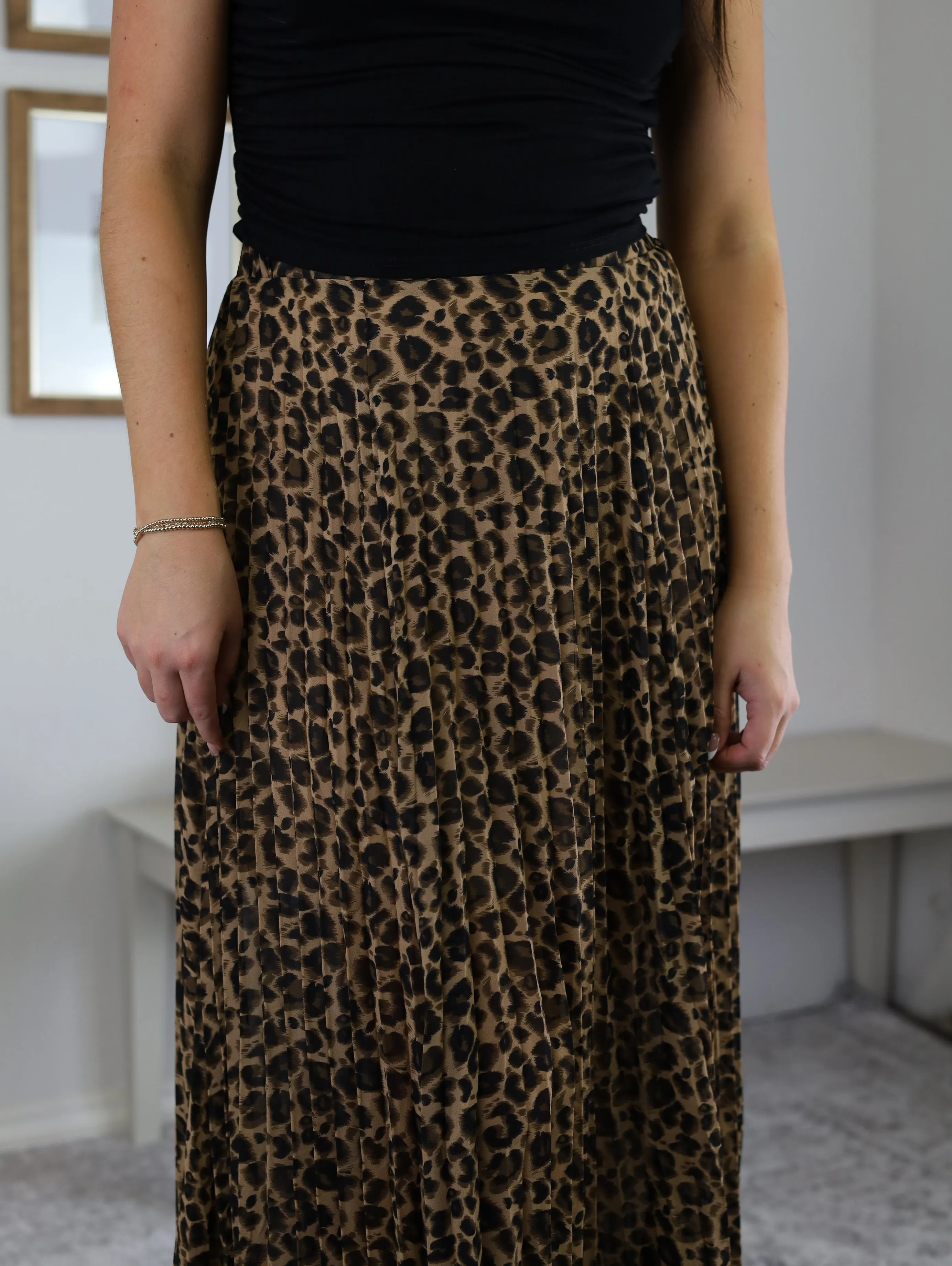 Leopard Animal Print Pleated Midi Skirt