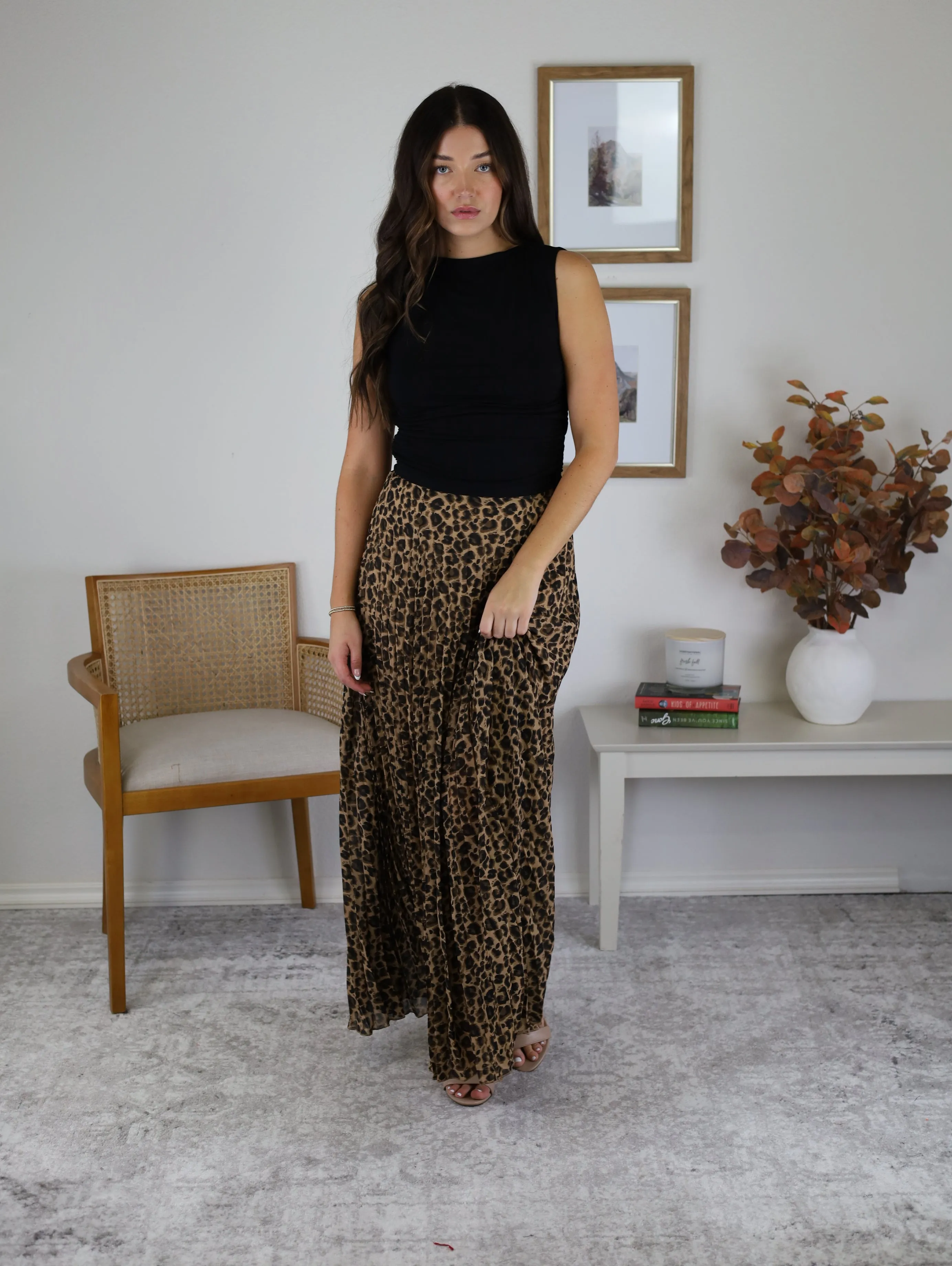 Leopard Animal Print Pleated Midi Skirt