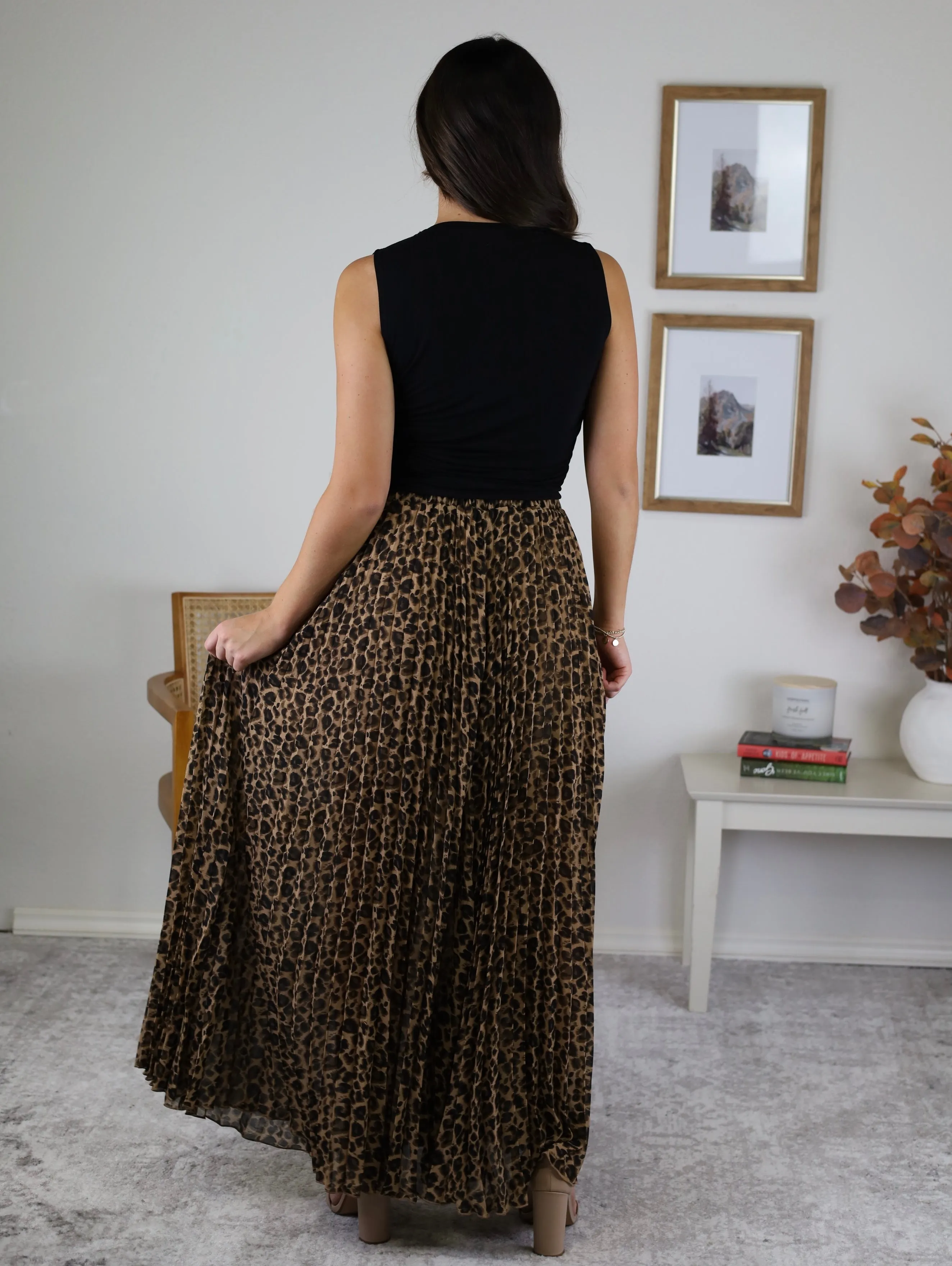 Leopard Animal Print Pleated Midi Skirt