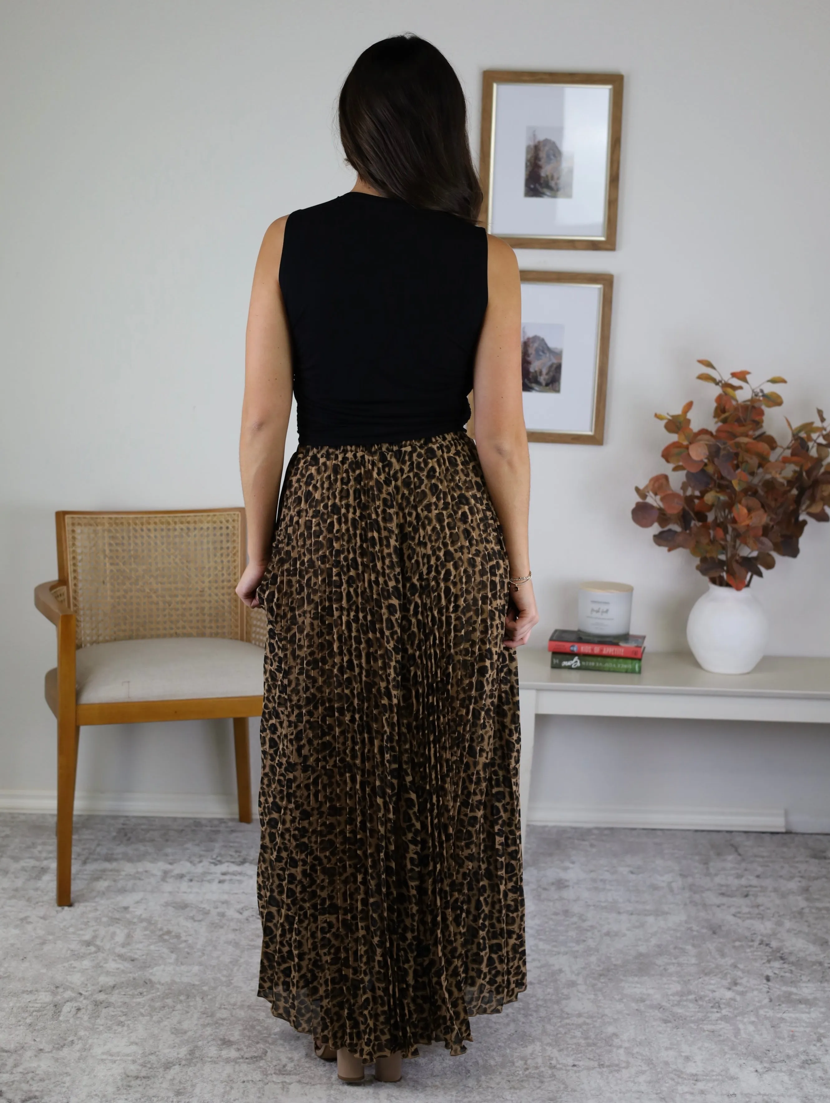 Leopard Animal Print Pleated Midi Skirt