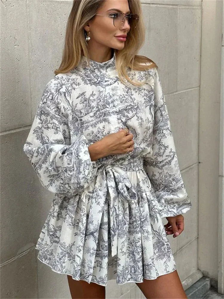 Long Mini Ruffle Folds High Retro Elegant Street Up Print Sleeve Lace Dress