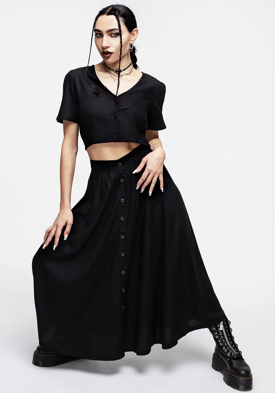 Maidenhair Button Down Midi Skirt - Midnight Black