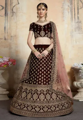 Maroon Adorable Designer Pure Velvet Semi Stitched Lehenga Choli For Wedding Wear