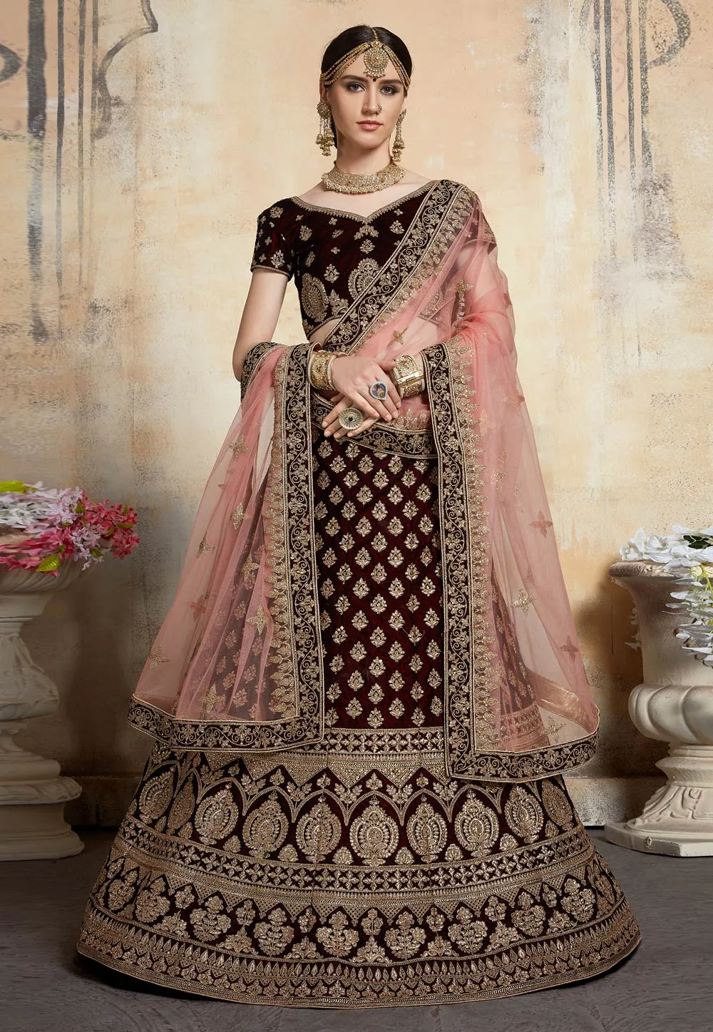 Maroon Adorable Designer Pure Velvet Semi Stitched Lehenga Choli For Wedding Wear