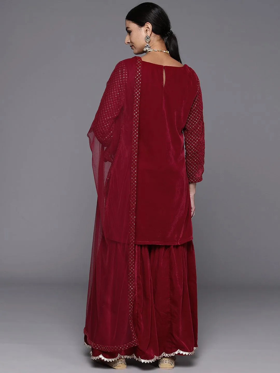 Maroon Embroidered Velvet Straight Suit With Dupatta