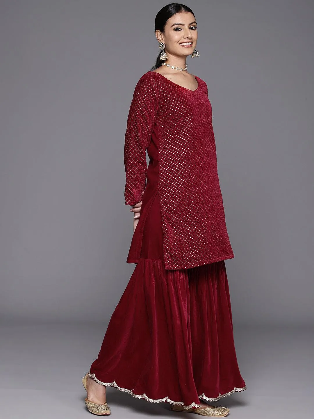 Maroon Embroidered Velvet Straight Suit With Dupatta