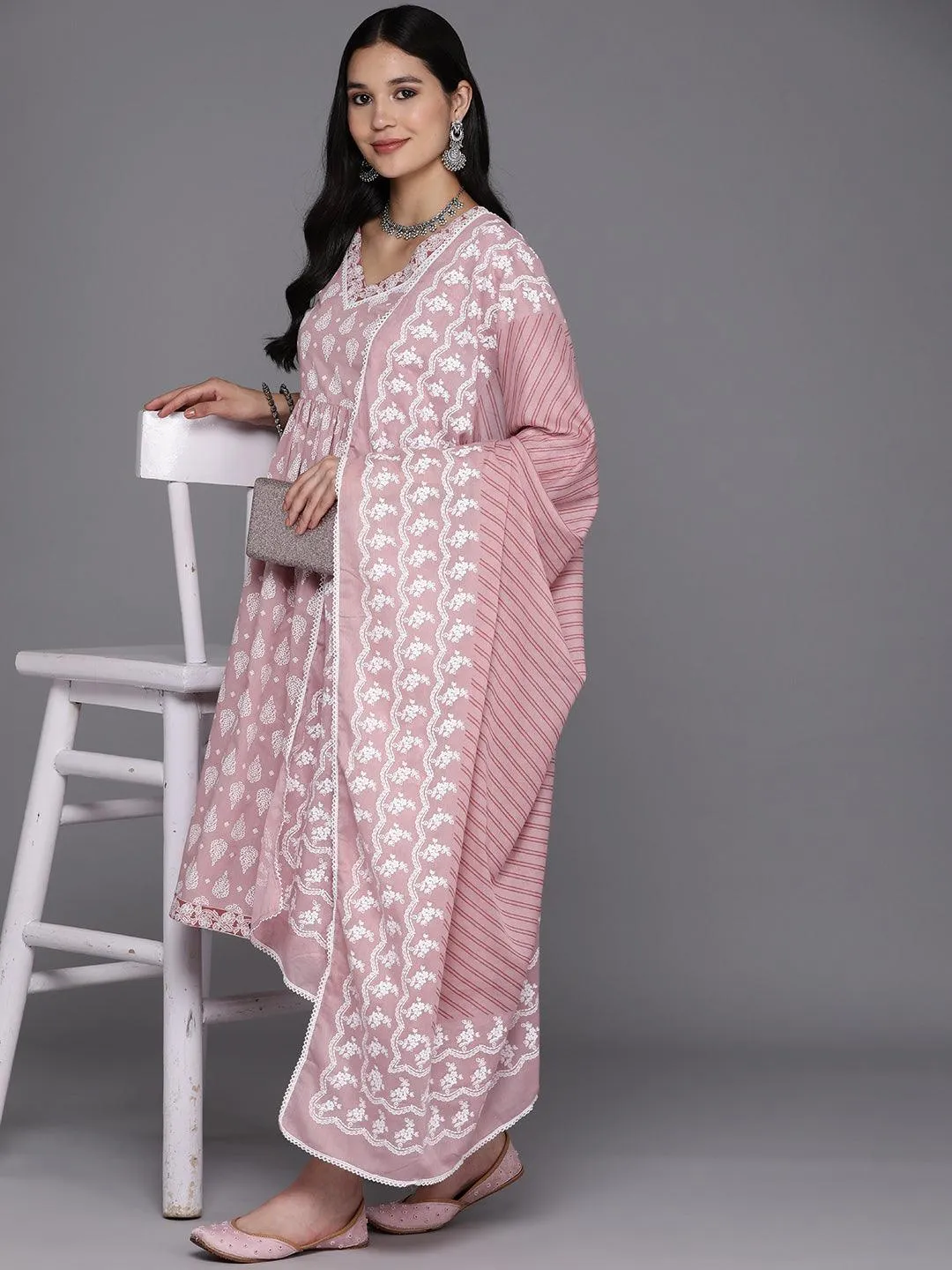 Mauve Printed Cotton A-Line Kurta With Dupatta