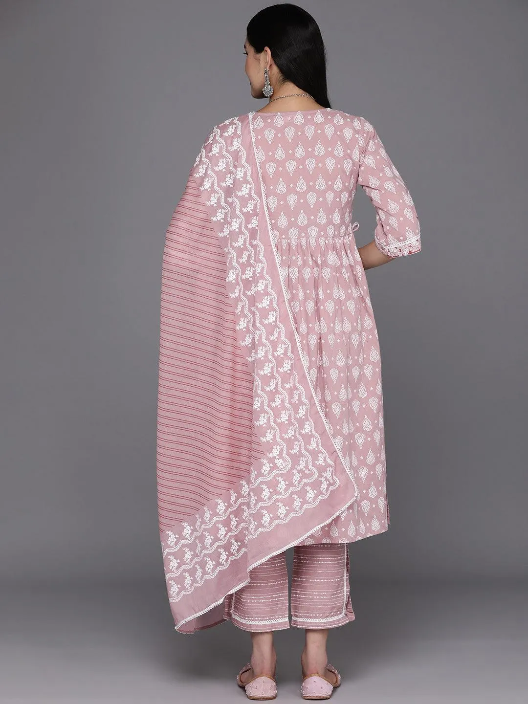 Mauve Printed Cotton A-Line Kurta With Dupatta