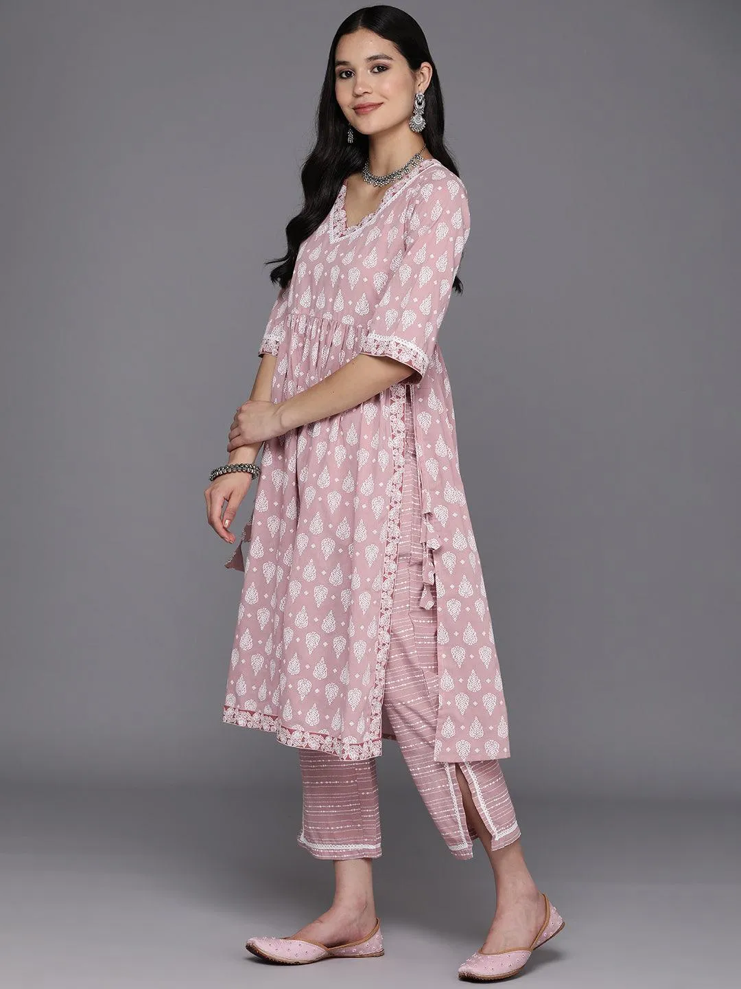 Mauve Printed Cotton A-Line Kurta With Dupatta