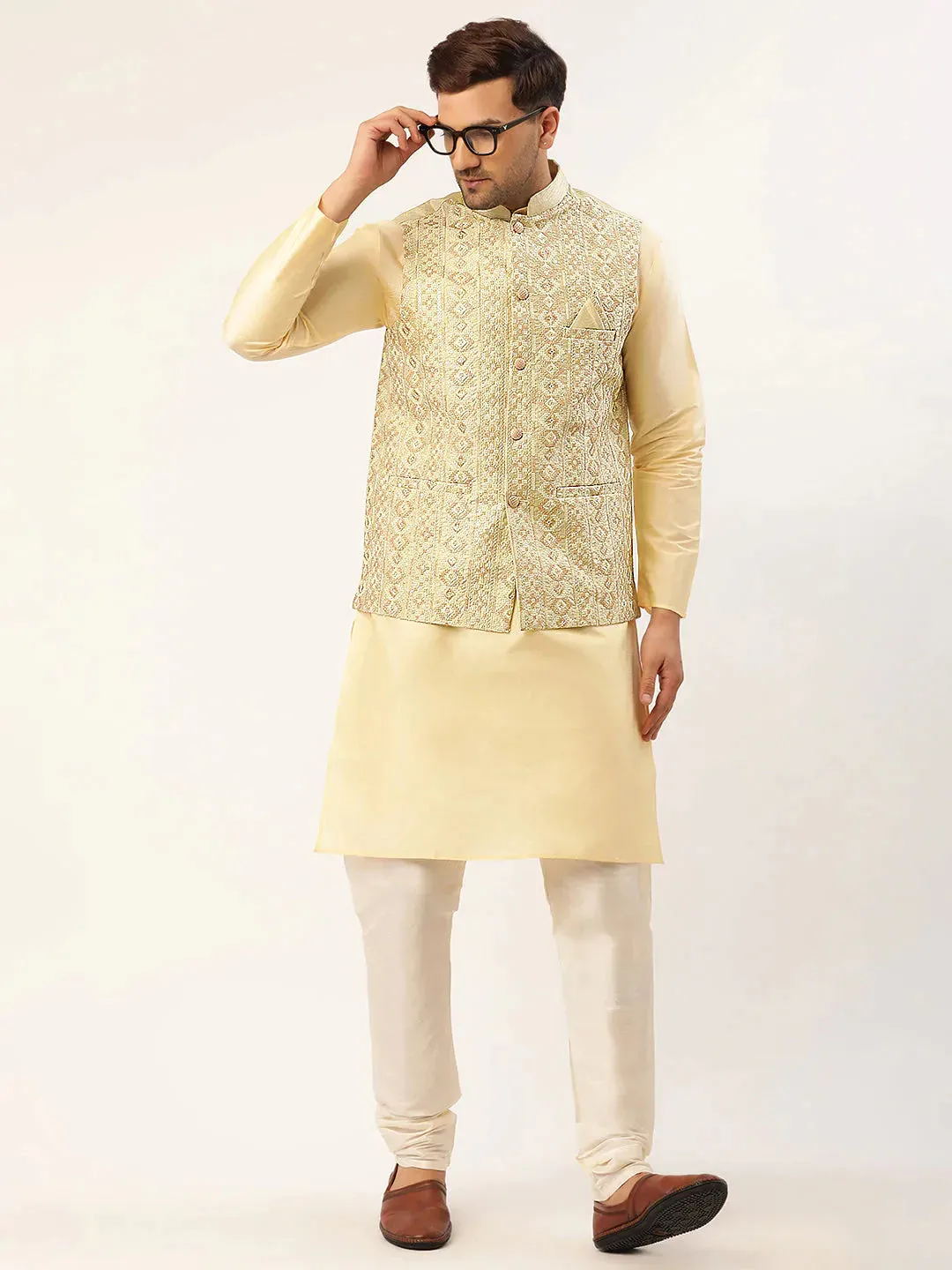 Men Pista Green & Gold Embroidered Woven Nehru Jacket