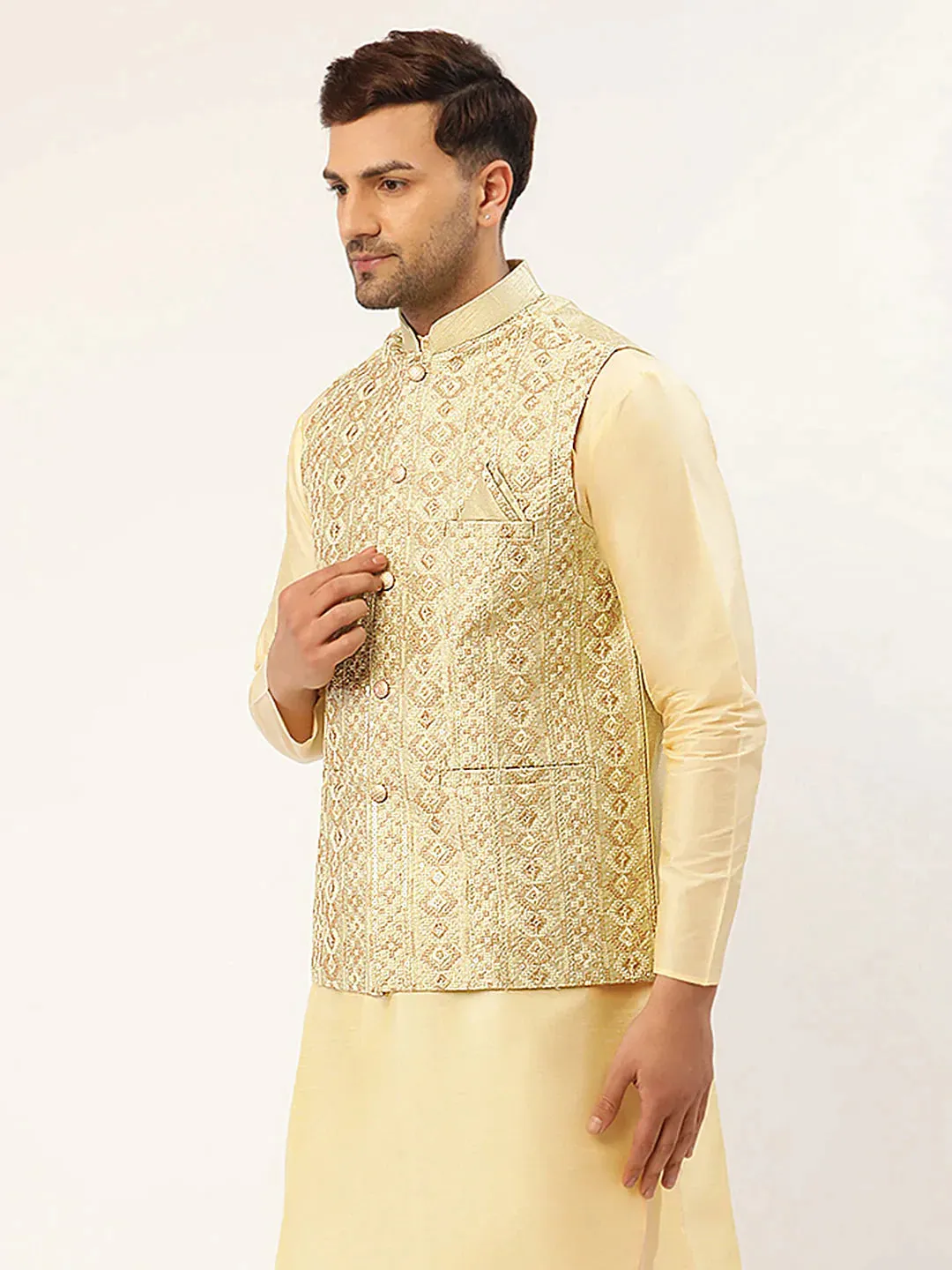 Men Pista Green & Gold Embroidered Woven Nehru Jacket