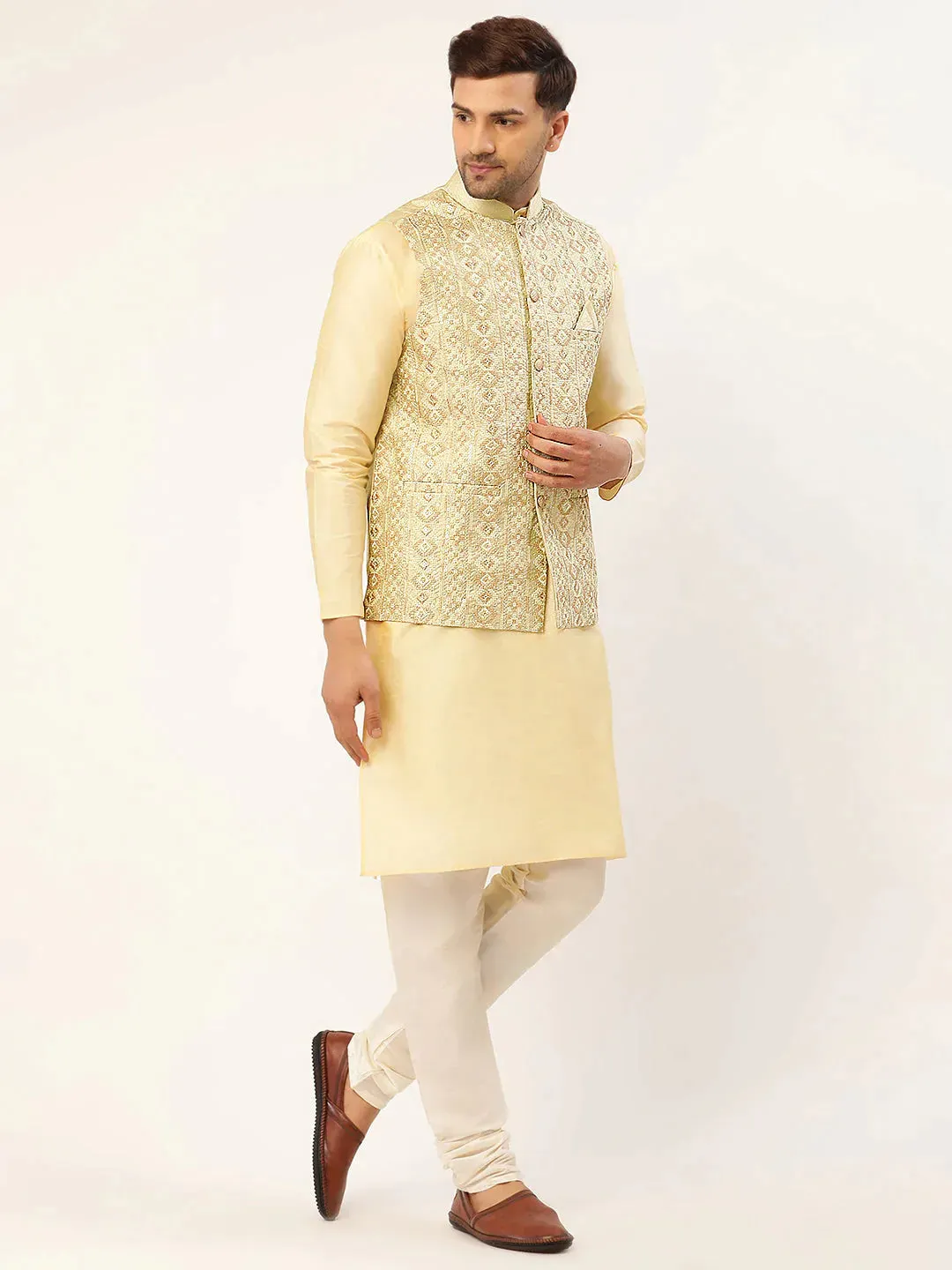 Men Pista Green & Gold Embroidered Woven Nehru Jacket