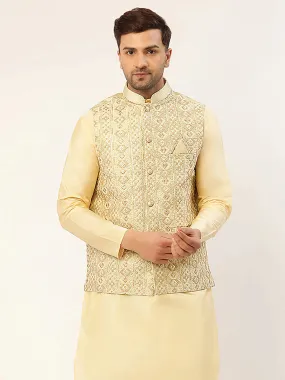 Men Pista Green & Gold Embroidered Woven Nehru Jacket