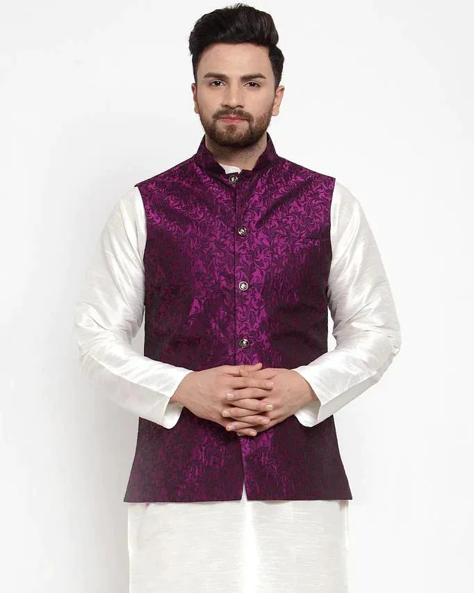 Men Purple-Coloured & Black Woven Design Nehru Jacket