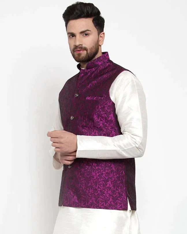 Men Purple-Coloured & Black Woven Design Nehru Jacket