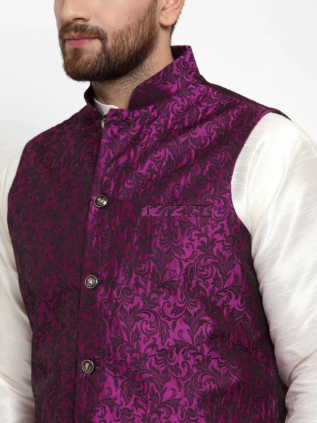 Men Purple-Coloured & Black Woven Design Nehru Jacket