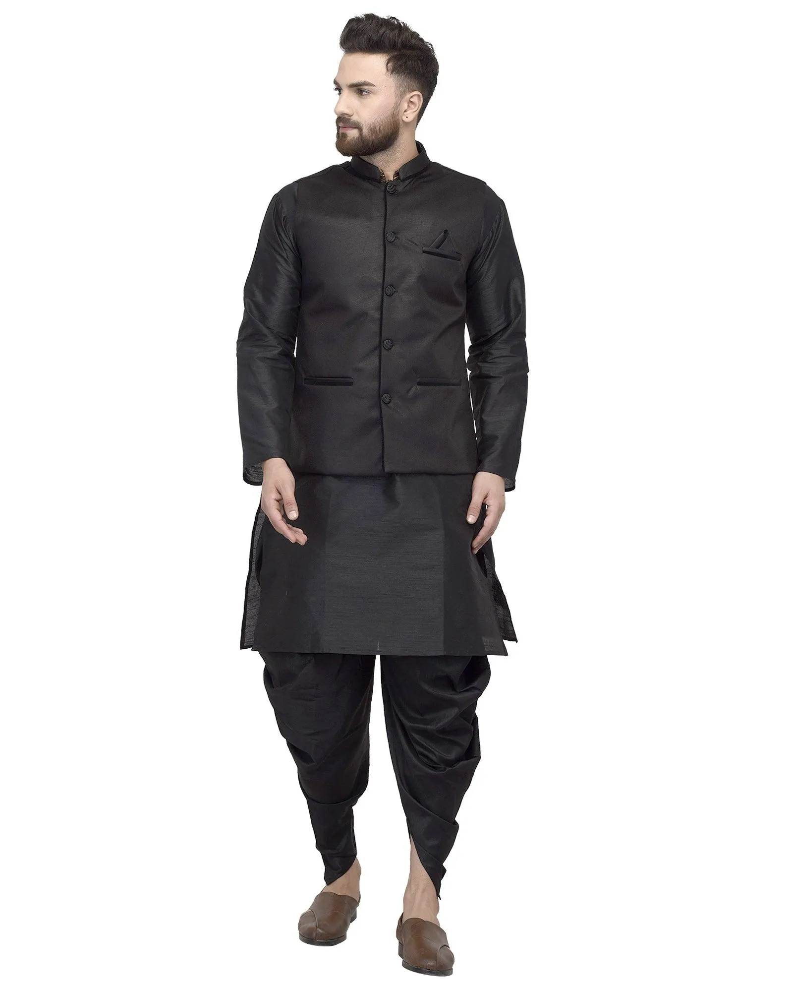 Men's Black Kurta With Dhoti & Black Solid Nehru Jacket - Benstoke