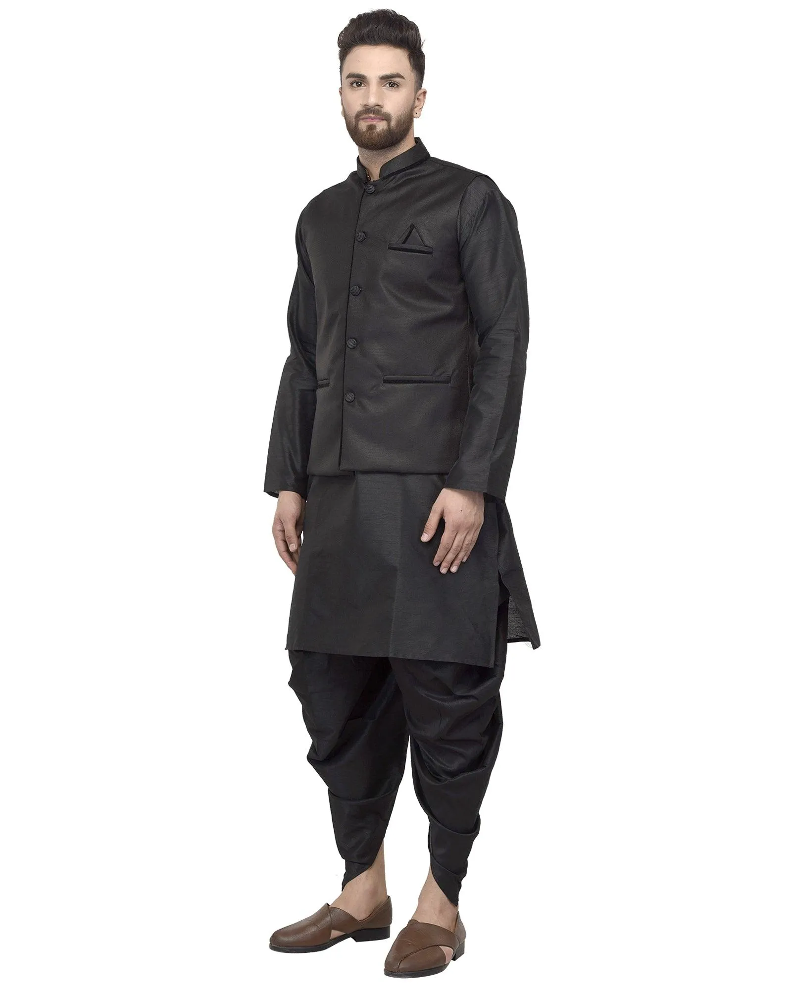 Men's Black Kurta With Dhoti & Black Solid Nehru Jacket - Benstoke