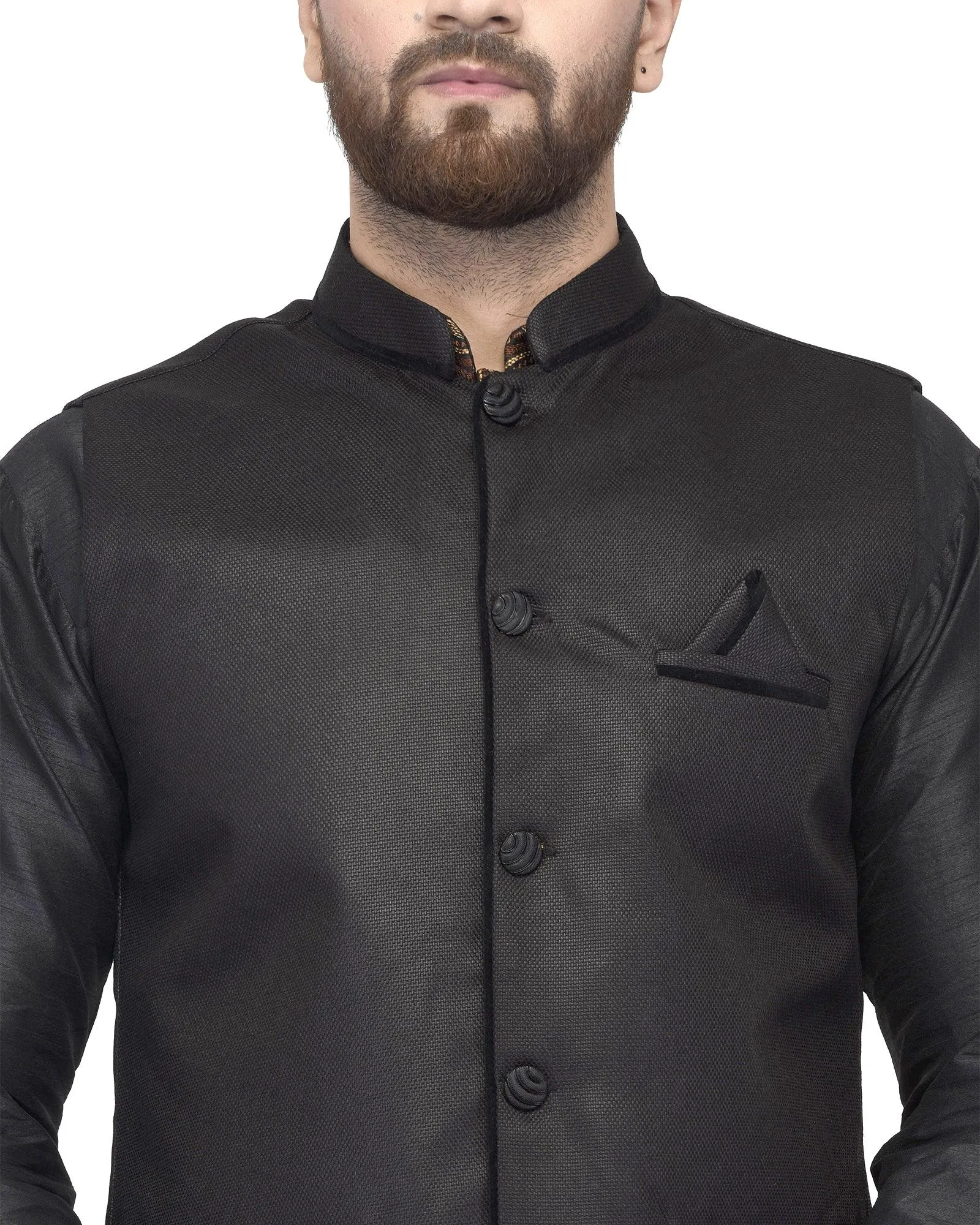 Men's Black Kurta With Dhoti & Black Solid Nehru Jacket - Benstoke