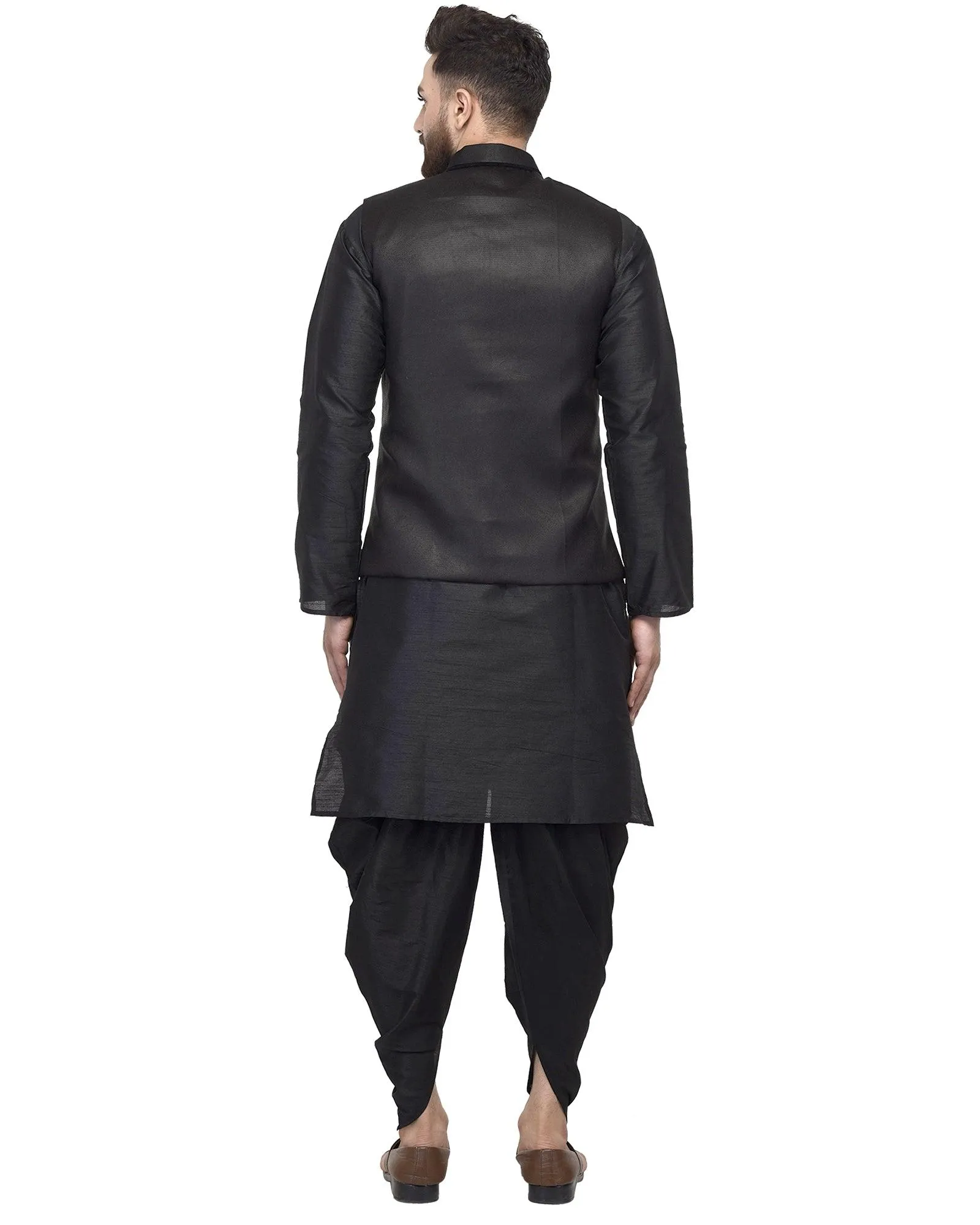 Men's Black Kurta With Dhoti & Black Solid Nehru Jacket - Benstoke