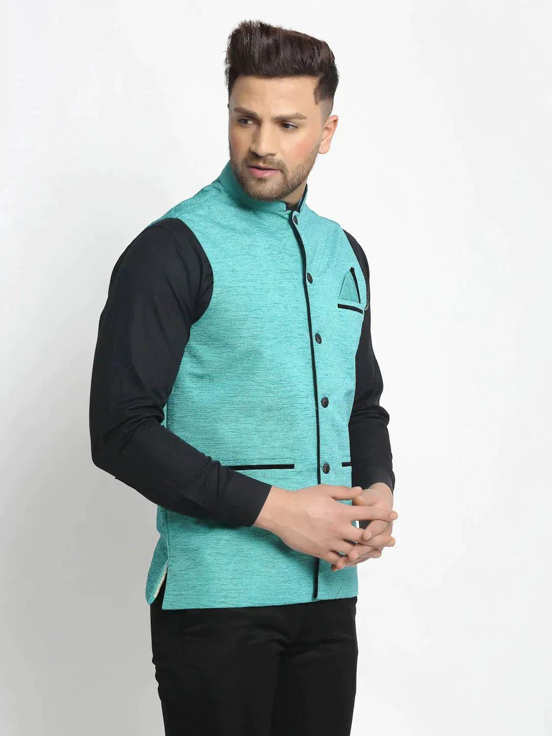 Men'S Blue Solid Nehru Jacket With Square Pocket