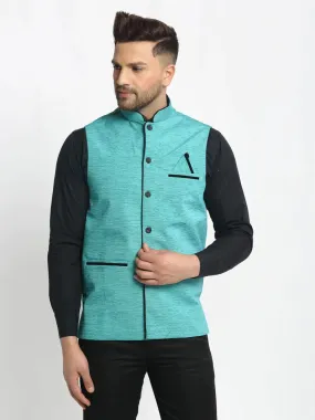 Men'S Blue Solid Nehru Jacket With Square Pocket