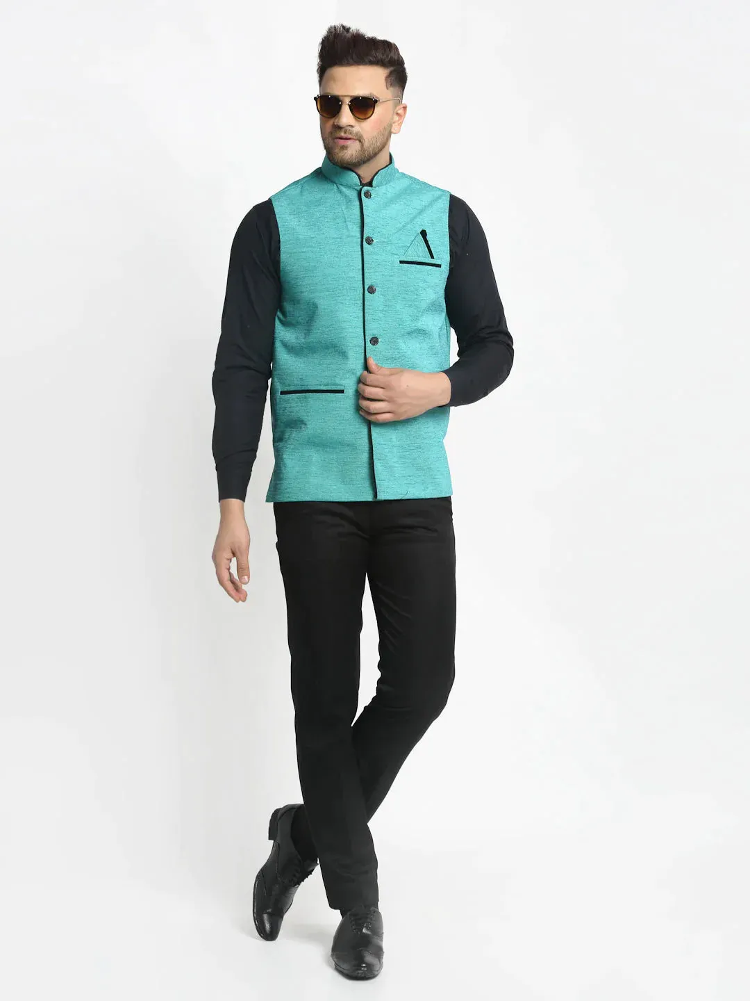 Men'S Blue Solid Nehru Jacket With Square Pocket