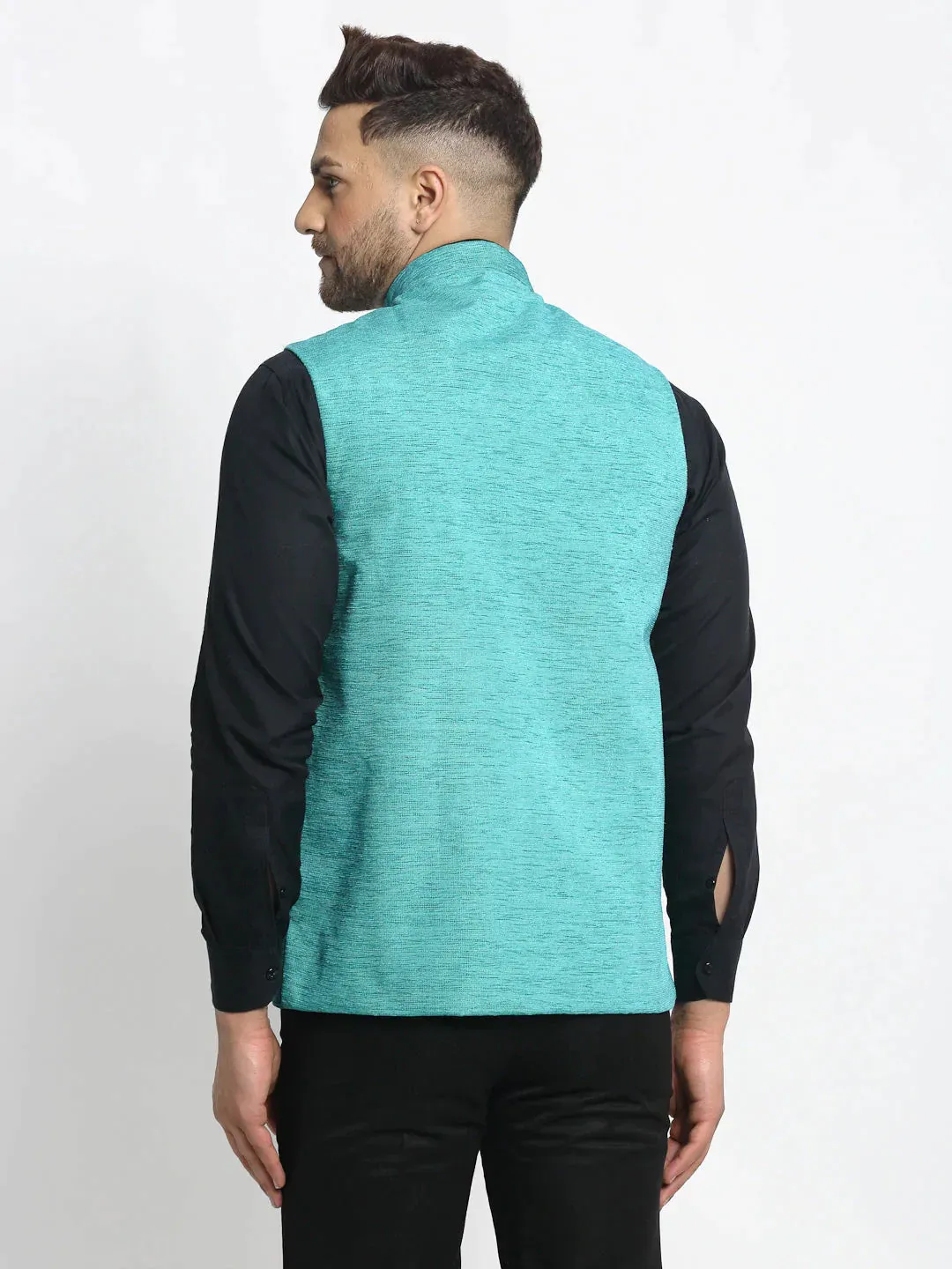 Men'S Blue Solid Nehru Jacket With Square Pocket