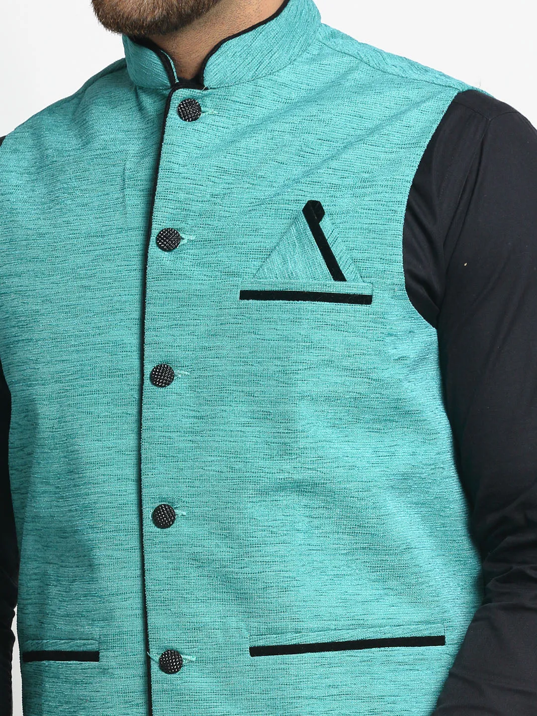 Men'S Blue Solid Nehru Jacket With Square Pocket