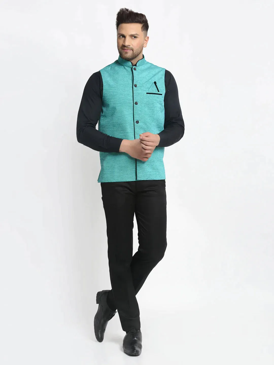 Men'S Blue Solid Nehru Jacket With Square Pocket