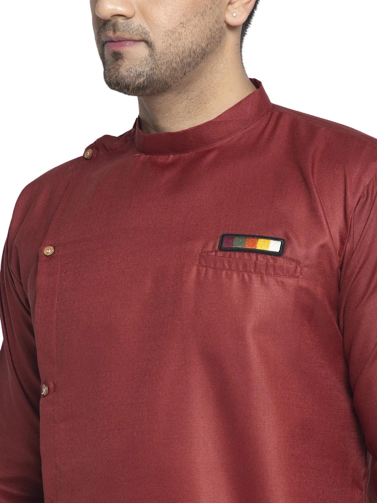 Men's Cotton Maroon Asymmetric Solid Kurta With White Trousers - Benstoke