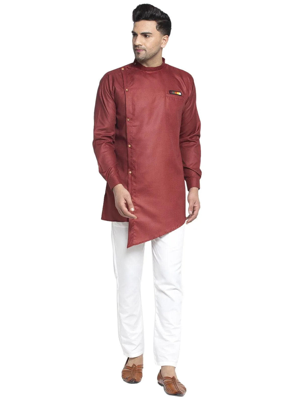 Men's Cotton Maroon Asymmetric Solid Kurta With White Trousers - Benstoke