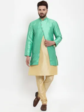 Men's Gold Kurta With Pyjama & Light Green Self Design Jacket - Benstoke