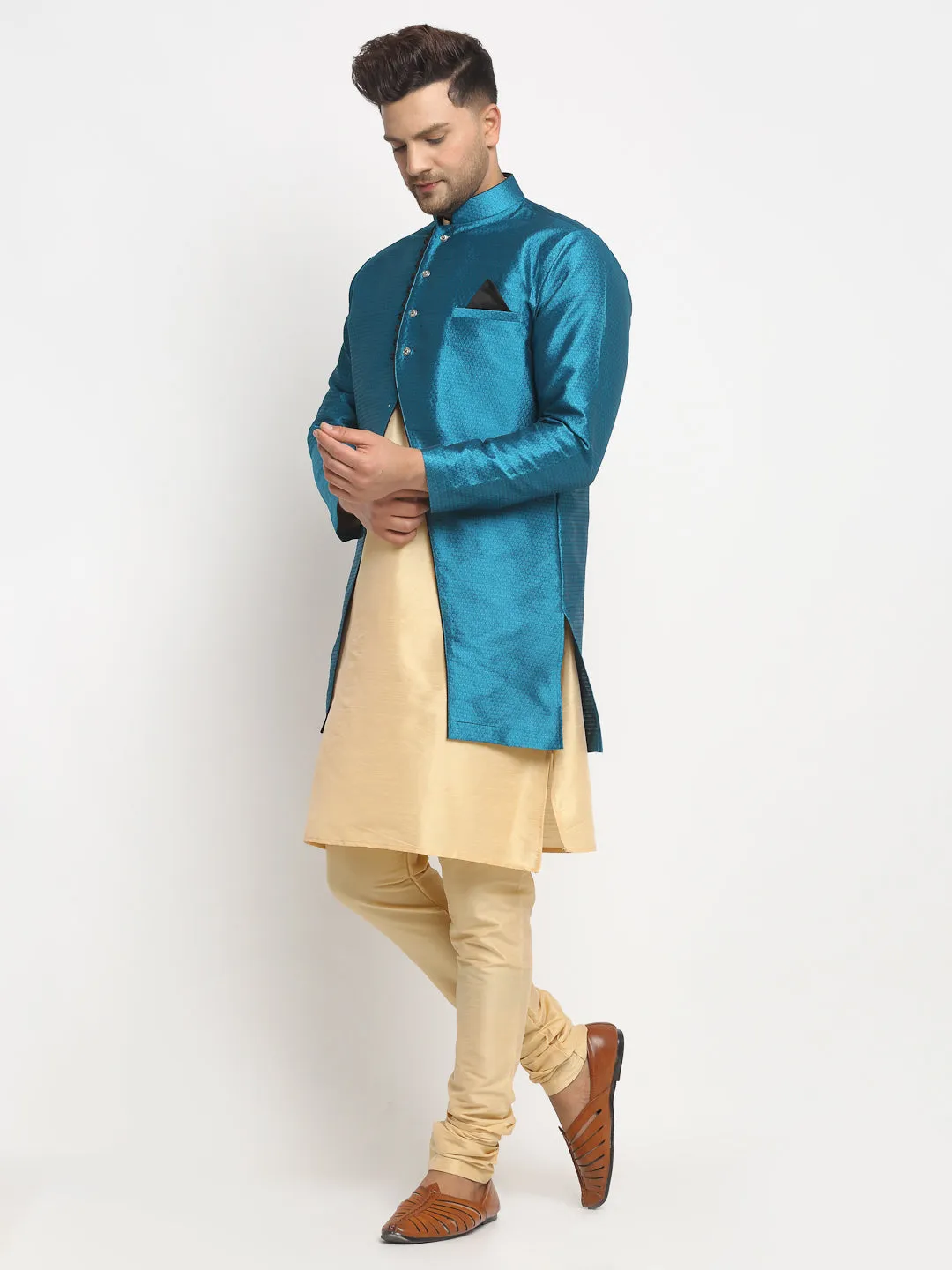 Men's Gold Kurta With Pyjama & Peacock Blue Self Design Jacket - Benstoke