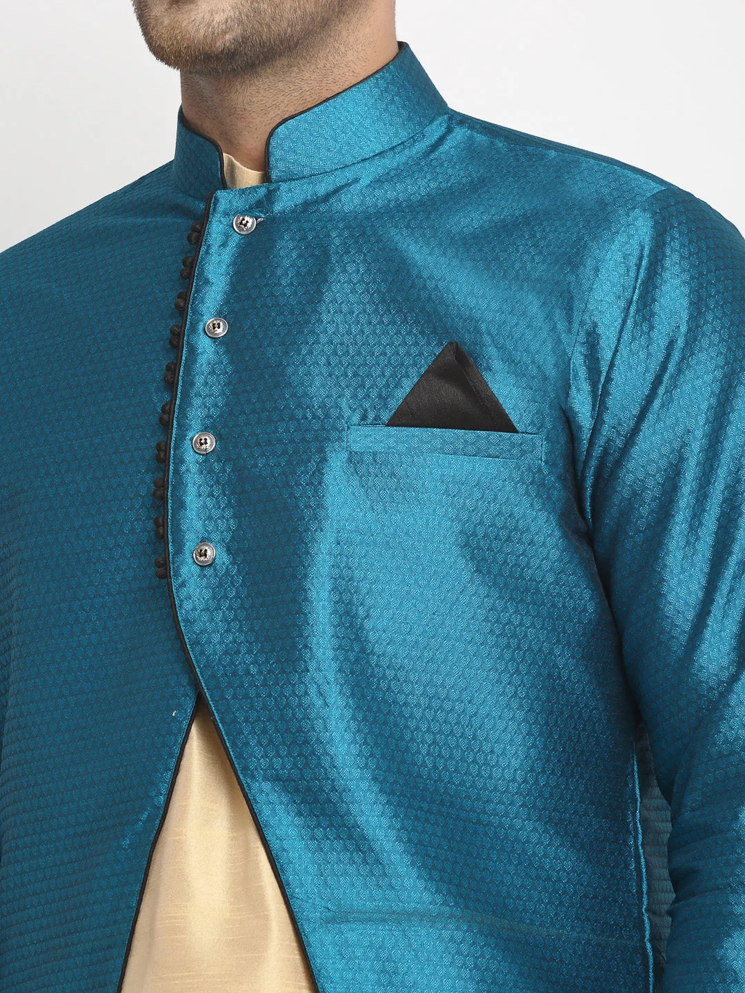 Men's Gold Kurta With Pyjama & Peacock Blue Self Design Jacket - Benstoke