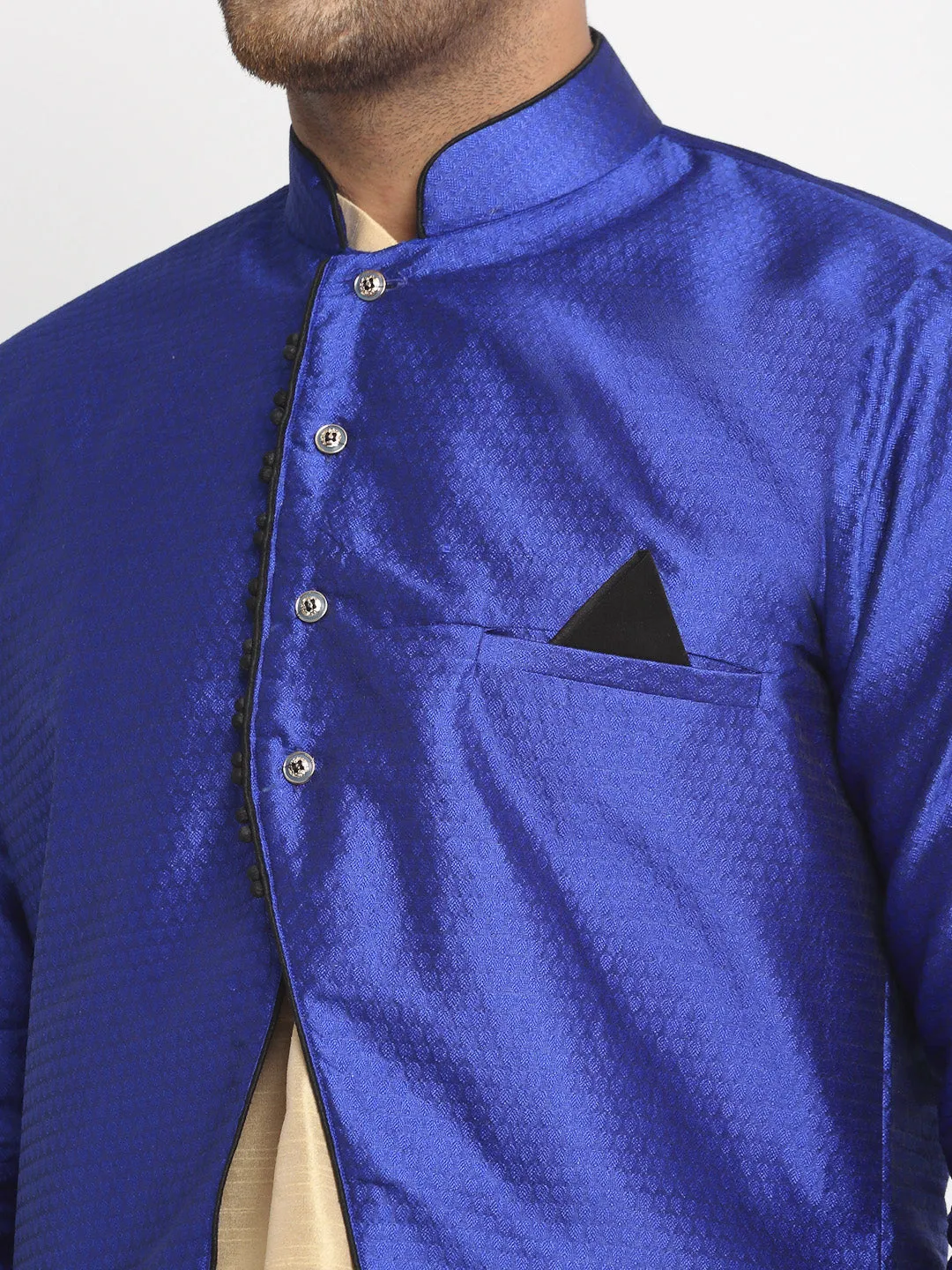 Men's Gold Kurta With Pyjama & Royal Blue Self Design Jacket - Benstoke