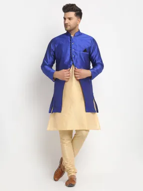 Men's Gold Kurta With Pyjama & Royal Blue Self Design Jacket - Benstoke