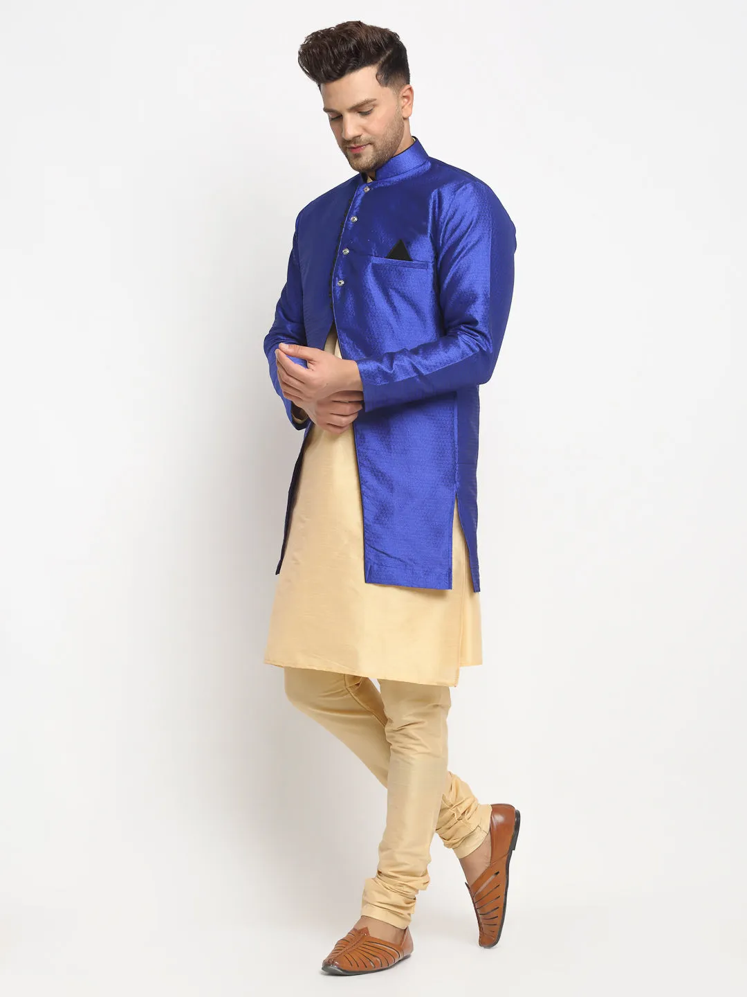 Men's Gold Kurta With Pyjama & Royal Blue Self Design Jacket - Benstoke