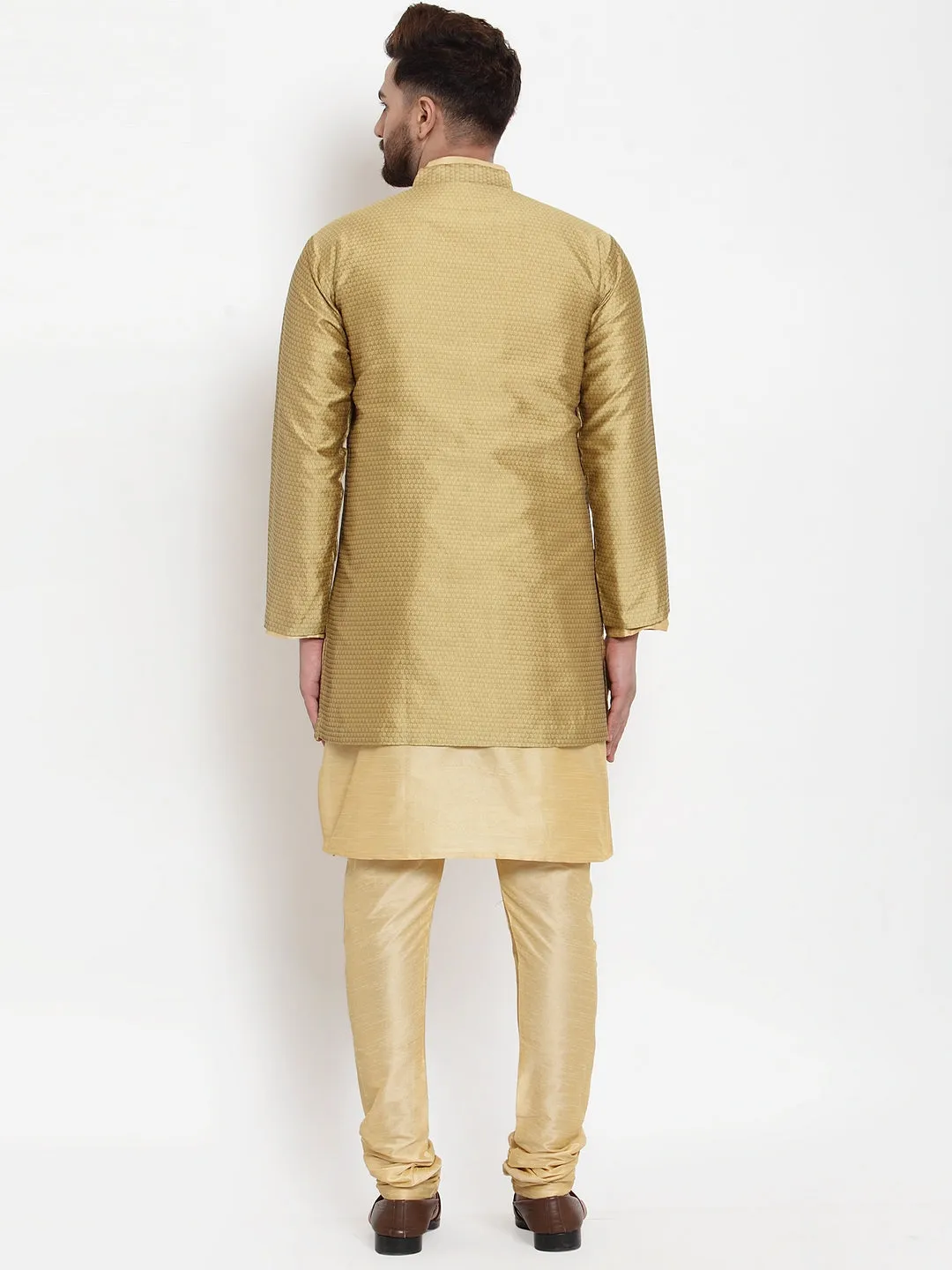 Men's Gold Kurta With Pyjama & Self Design Jacket - Benstoke