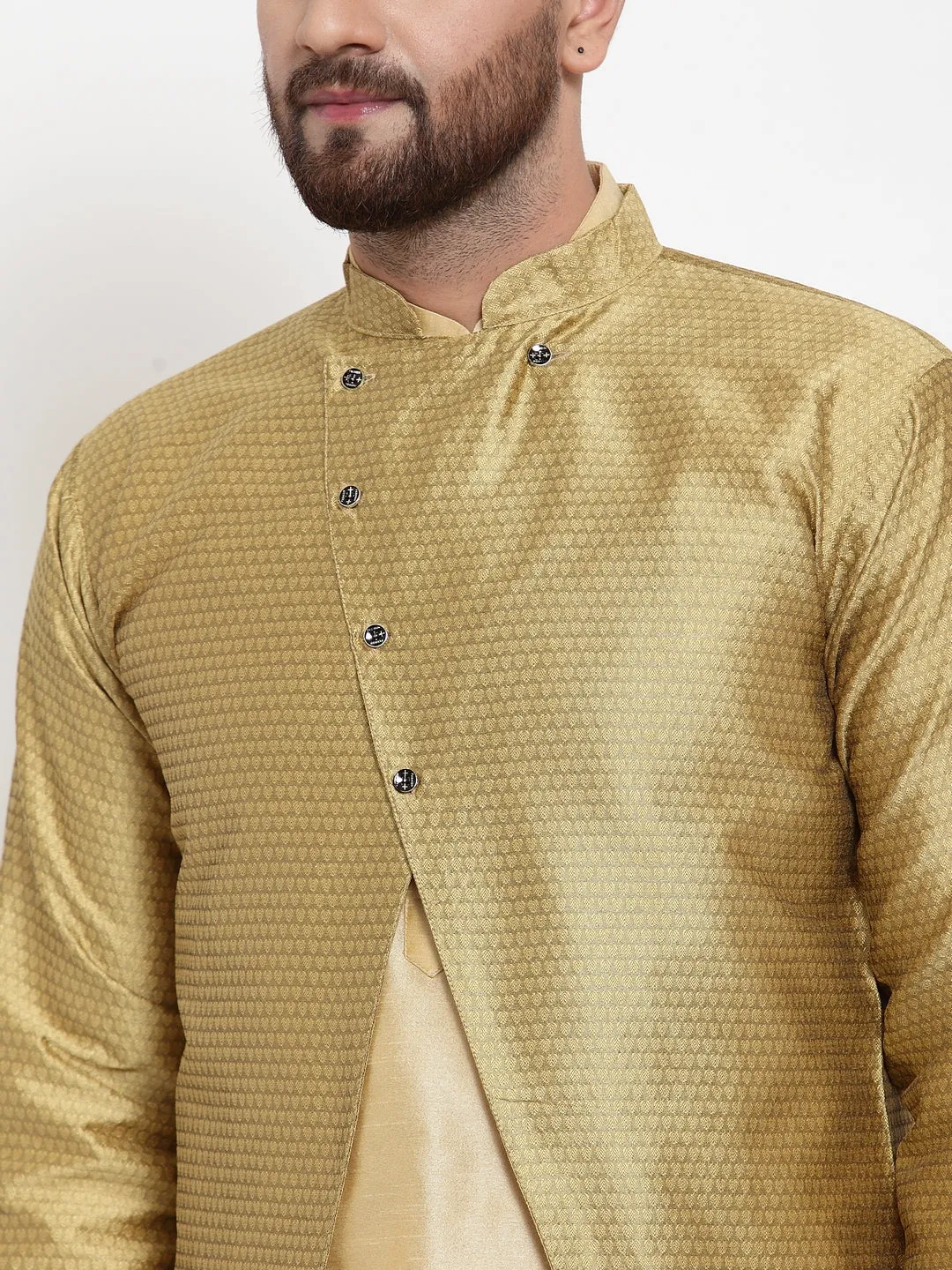 Men's Gold Kurta With Pyjama & Self Design Jacket - Benstoke