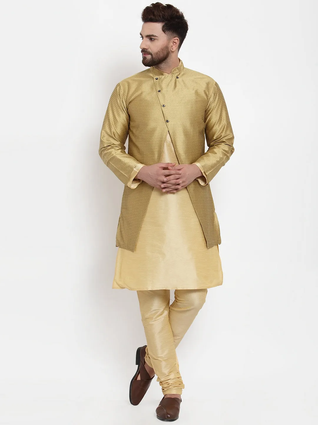 Men's Gold Kurta With Pyjama & Self Design Jacket - Benstoke