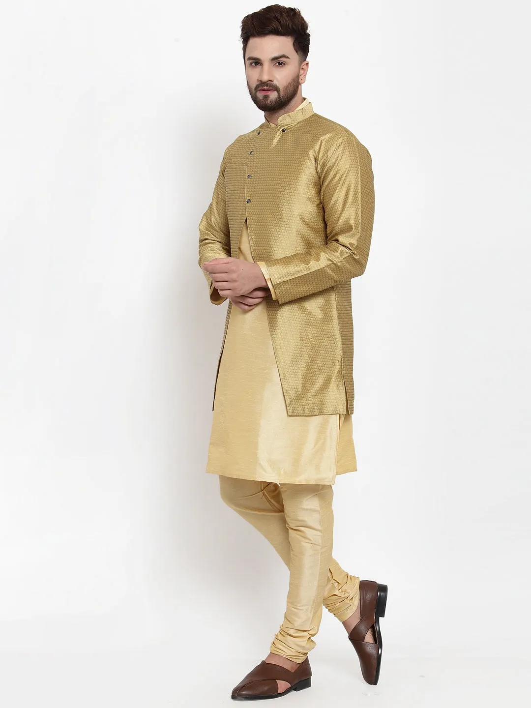 Men's Gold Kurta With Pyjama & Self Design Jacket - Benstoke